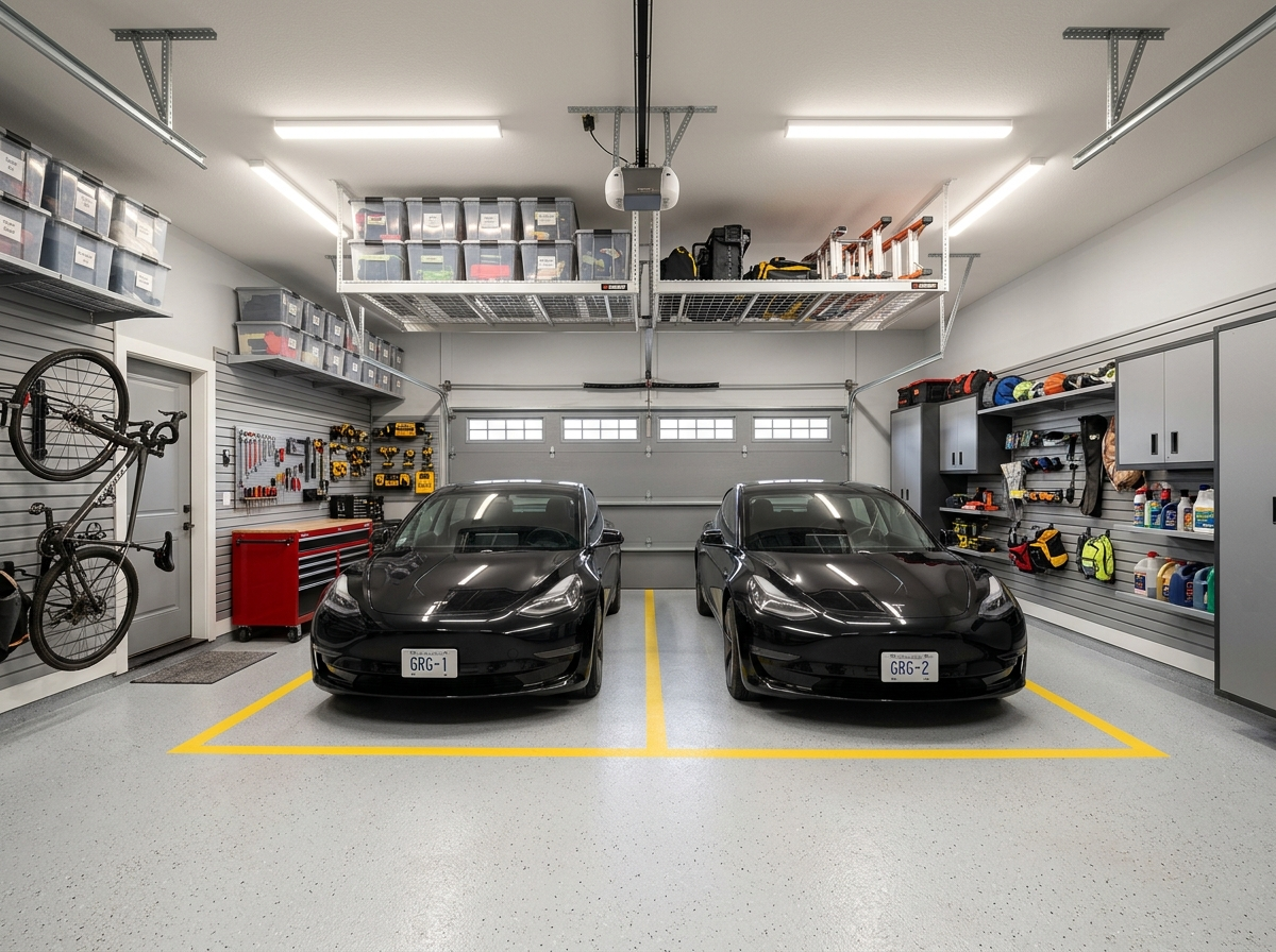 Wide-angle view of a neatly organized two-car garage with two modern sedans parked side by side, gray slatwall panels with hanging tools and bikes, overhead ceiling racks with clear storage bins, and a clean epoxy floor with yellow parking guides.