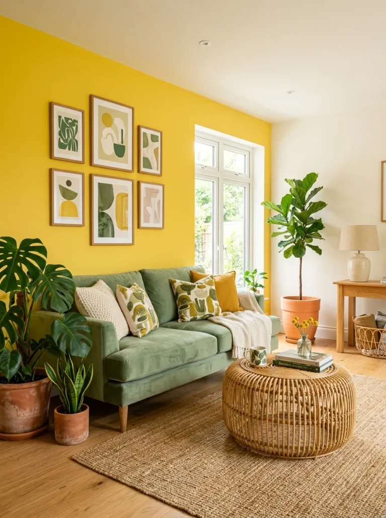 green and yellow living room decor