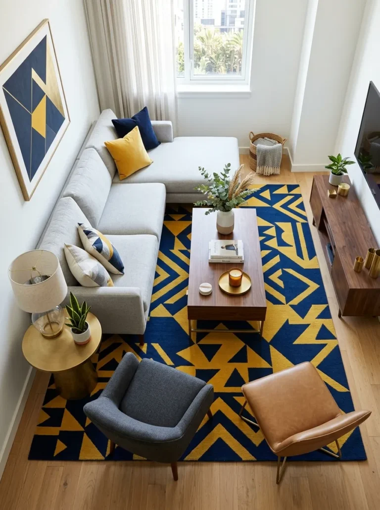 navy blue and yellow living room decor