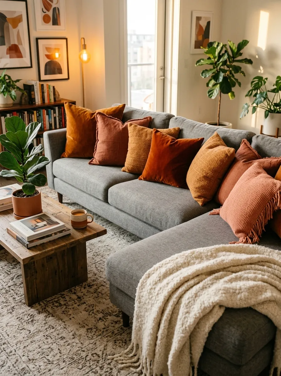 orange and grey living room decor