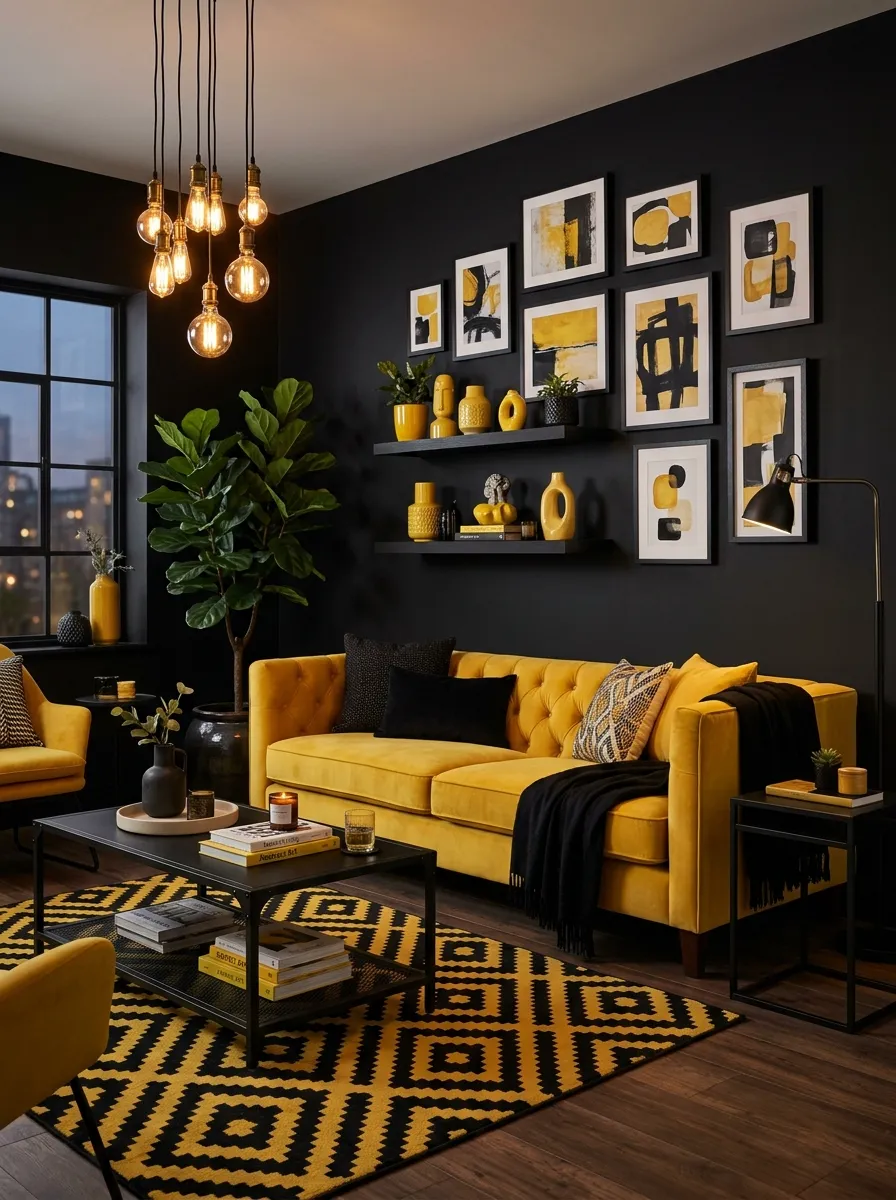 yellow and black living room decor