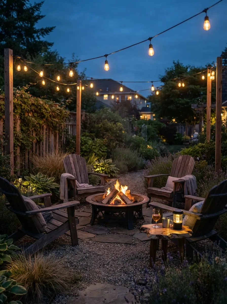 backyard fire pit with string lights