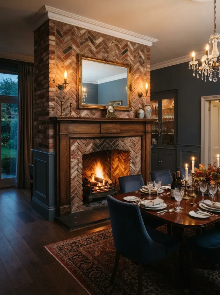 luxury dining room with fireplace