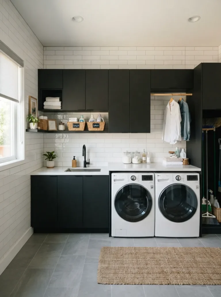 modern laundry room black and white