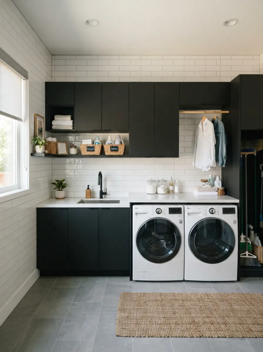 modern laundry room black and white