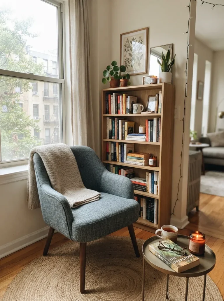 reading nook with bookshelves