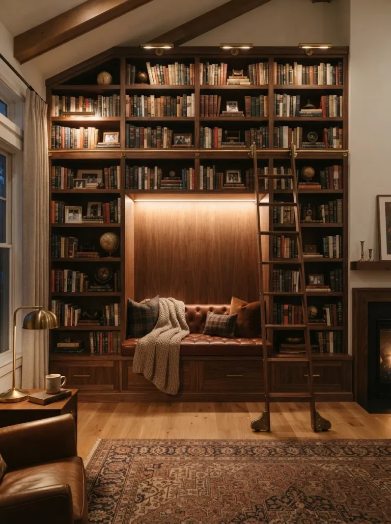 reading nook with library wall