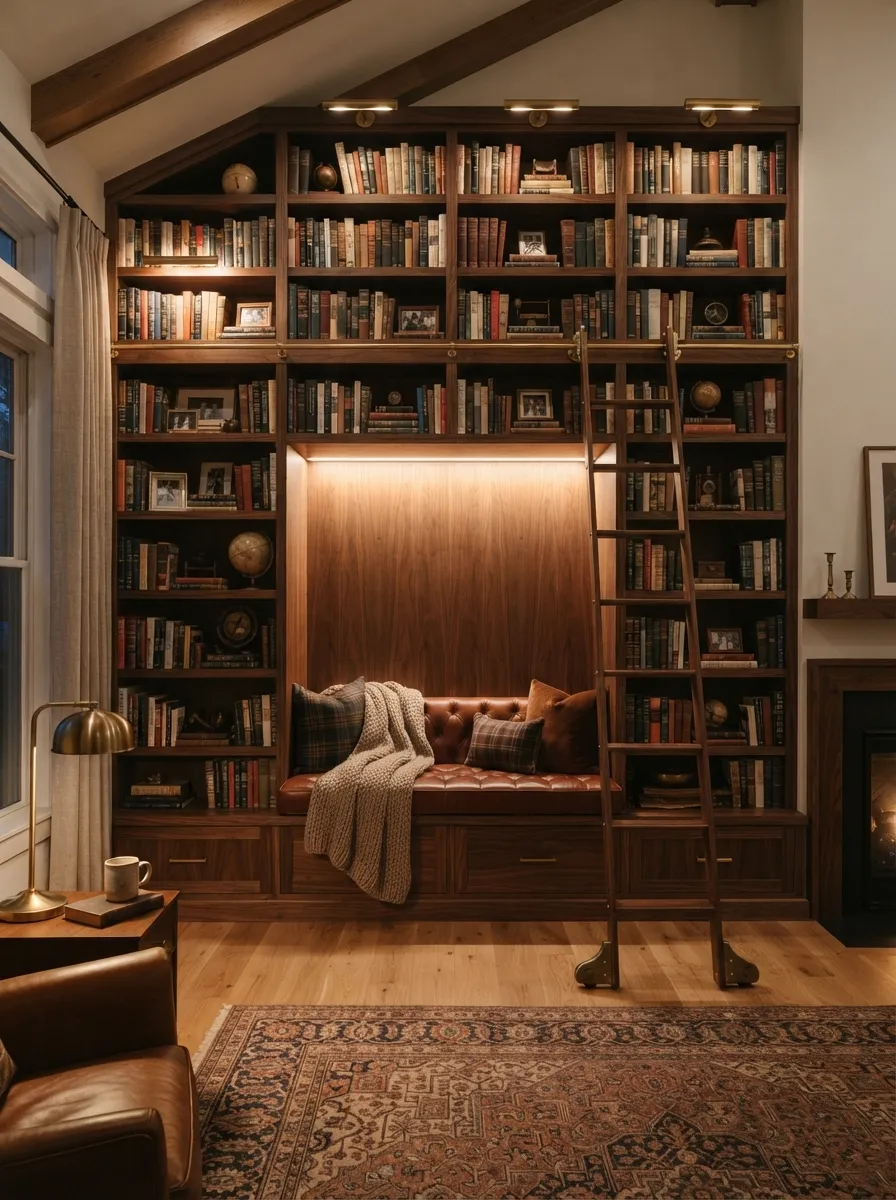 reading nook with library wall