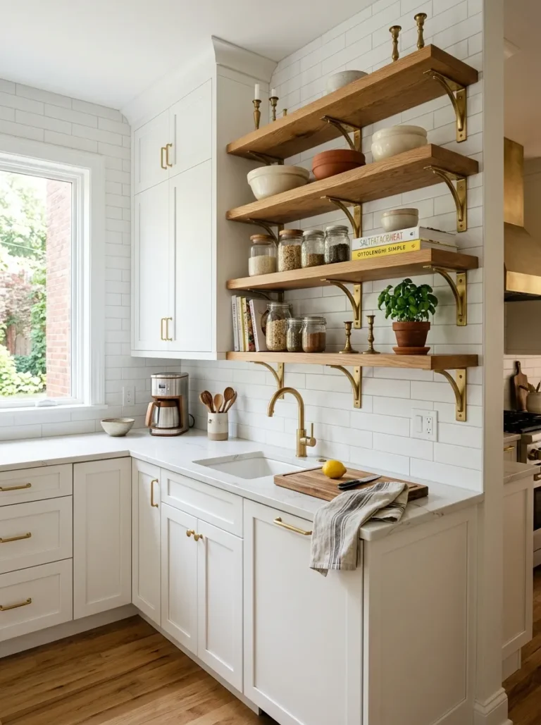 white kitchen with brass hardware