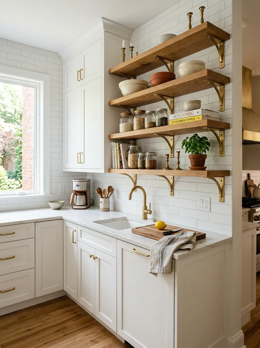 white kitchen with brass hardware