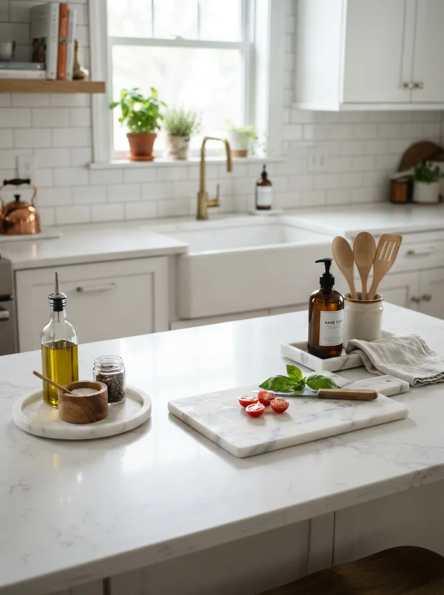 white kitchen with marble countertop